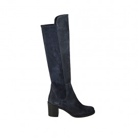 Hoher Damenstiefel aus blauem Wildleder und elastischem Material Absatz 6 - Verfügbare Größen:  33, 34, 42, 43, 44, 46, 47