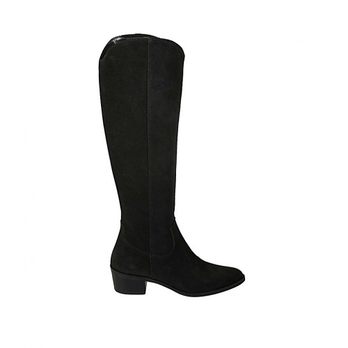 Spitzer Damenstiefel mit Reissverschluss aus schwarzem Wildleder Absatz 4 - Verfügbare Größen:  32, 33, 34, 42, 43, 44, 46, 47