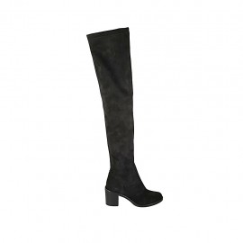 Botas sobre la rodilla para mujer en gamuza y material elastico negro tacon 6 - Tallas disponibles:  32, 34, 42, 43