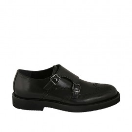 Herrenschuh mit Schnallen und Broguemuster aus schwarzem Leder - Verfügbare Größen:  36, 37, 38, 46, 47, 48, 50