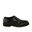 Men's shoe with buckles and Brogue decorations in black leather