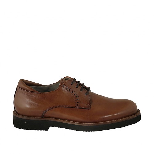 Men's laced derby shoe in smooth tan brown leather  - Available sizes:  36, 37, 38, 46, 47, 48, 50