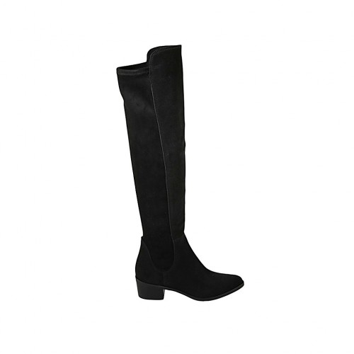 Hoher spitzer Damenstiefel aus schwarzem Wildleder und elastischem Material Absatz 4 - Verfügbare Größen:  32, 34, 42, 43, 44, 46, 47