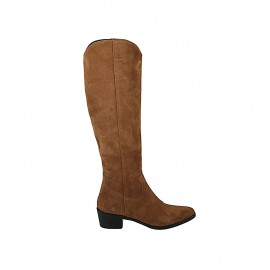 Spitzer Damenstiefel mit Reissverschluss aus hellbraunem Wildleder Absatz 4 - Verfügbare Größen:  33, 34, 42, 44, 46, 47