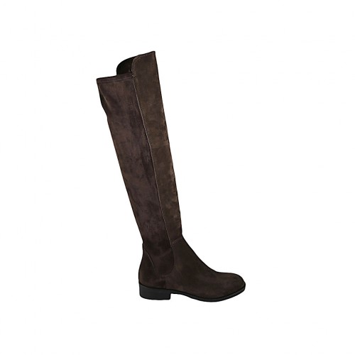 Damenstiefel aus dunkelbraunem Wildleder und elastischem Material Absatz 3 - Verfügbare Größen:  33, 42, 43, 44, 45, 46, 47