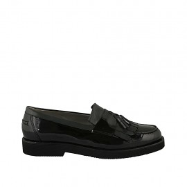 Woman's moccasin shoe with fringes and tassels in dark green leather and black patent leather heel 3 - Available sizes:  42, 43