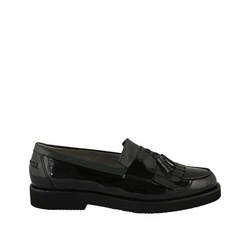 Woman's moccasin shoe with fringes and tassels in dark green leather and black patent leather heel 3 - Available sizes:  42, 43