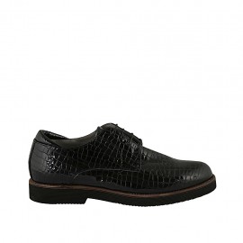 Woman's laced derby shoe in black-colored printed patent leather heel 3
