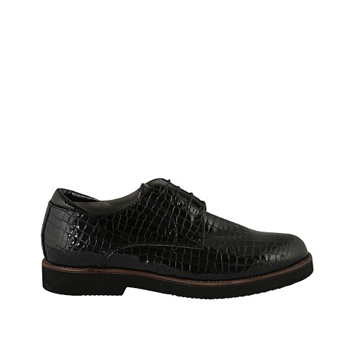 Zapato derby con cordones para mujer en charol imprimido negro tacon 3 - Tallas disponibles:  42, 43, 44, 45