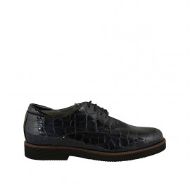 Woman's laced derby shoe in dark blue-green printed patent leather heel 3