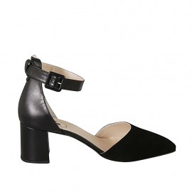 Zapato abierto a punta para mujer con cinturon al tobillo en piel y gamuza negra tacon 7 - Tallas disponibles:  43, 44