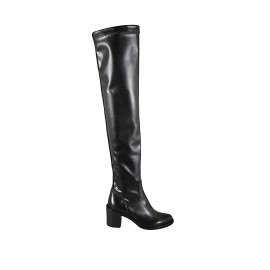 Schenkelhoher Damenstiefel aus schwarzem Leder und elastischem Material Absatz 6 - Verfügbare Größen:  32, 33, 34, 42, 43, 46
