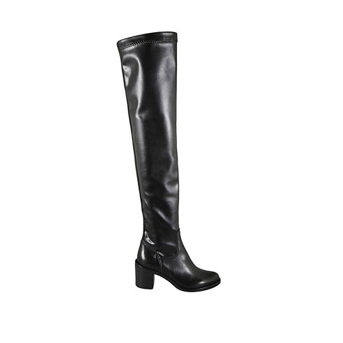 Bottes au-dessus de genou pour femmes en cuir et matériau élastique noir talon 6 - Pointures disponibles:  32, 33, 34, 42, 43, 46