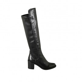 Kniehoher Damenstiefel aus schwarzem Leder und elastischem Material Absatz 6 - Verfügbare Größen:  32, 33, 34, 42, 44, 45
