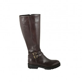 Bota para mujer con cremallera y hebillas en piel marron talon 3 - Tallas disponibles:  34, 42, 43, 44, 45, 47