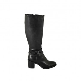 Stivale da donna con cerniera e fibbie in pelle nera tacco 6 - Misure disponibili: 32, 33, 34, 42, 43, 44