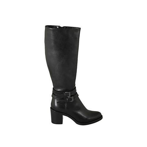 Woman's boot with zipper and buckles in black leather heel 6 - Available sizes:  32, 33, 34, 42, 43, 44
