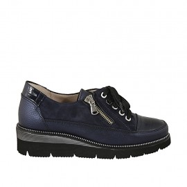 Woman's laced shoe with zipper in blue patent leather, suede and printed leather wedge heel 4 - Available sizes:  34, 42, 43, 44, 46