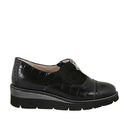 Damenschuh mit Reissverschluss und Gummibändern aus schwarzem Lackleder, Wildleder und bedrucktem Leder Keilabsatz 4 - Verfügbare Größen:  33, 34, 42, 43, 46
