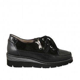 Woman's laced shoe with zipper in black leather, suede and printed leather wedge heel 4 - Available sizes:  33, 34, 43, 44, 45, 46