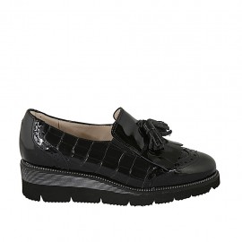 Mocasino para mujer con borlas y elasticos en piel estampada y charol negro cuña 4 - Tallas disponibles:  33, 34, 42, 43, 44, 45, 46