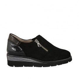 Damenschuh mit Reissverschluss und Gummiband aus schwarzem Lackleder, bedrucktem Wildleder und Leder Keilabsatz 4 - Verfügbare Größen:  33, 34, 42, 43, 44, 46