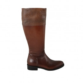 Bota para mujer con cremallera interna en piel y piel imprimida color cuero tacon 3 - Tallas disponibles:  33, 34, 42, 43, 44, 46, 47