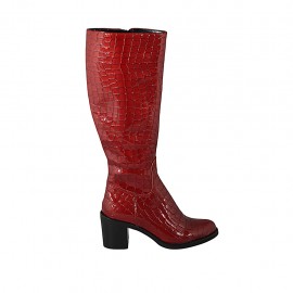Damenstiefel mit Reissverschluss aus rotem bedrucktem Lackleder Absatz 6 - Verfügbare Größen:  33, 34, 42, 43