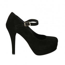 Zapato de salon para mujer con cinturon y plataforma en gamuza negra tacon 11 - Tallas disponibles:  31, 32, 33, 34, 43, 45, 46, 47