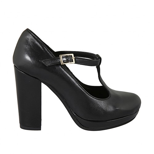 Zapato de salon para mujeres con cinturon salomé y plataforma en piel de color negro tacon 10 - Tallas disponibles:  31, 32, 33, 34, 42, 43, 44, 45, 46, 47