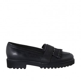 Woman's moccasin shoe with fringes and studs in black leather heel 3 - Available sizes:  42, 43, 44