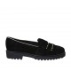 Woman's moccasin shoe with fringes and studs in black suede and platinum trimming heel 3