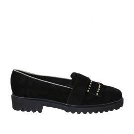 Mocassin pour femmes avec franges et goujons en daim noir et garniture platine talon 3 - Pointures disponibles:  42, 43, 44, 45