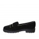 Woman's moccasin shoe with fringes and studs in black suede and platinum trimming heel 3