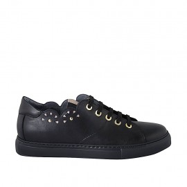 Woman's laced shoe with removable insole and studs in black leather wedge heel 3 - Available sizes:  43, 44, 45