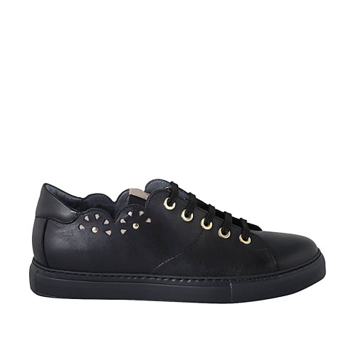 Zapato para mujer con cordones, tachuelas y plantilla extraible en piel negra cuña 3 - Tallas disponibles:  43, 44, 45