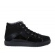 Woman's laced shoe with zipper and removable insole in black suede, fur leather and patent leather wedge heel 3 - Available sizes:  44