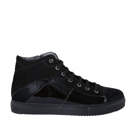 Woman's laced shoe with zipper and removable insole in black suede, fur leather and patent leather wedge heel 3 - Available sizes:  44