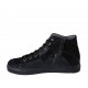 Woman's laced shoe with zipper and removable insole in black suede, fur leather and patent leather wedge heel 3 - Available sizes:  44