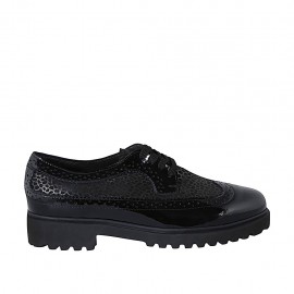 Zapato derby para mujer con cordones y punta de ala en charol negro y gamuza laminada imprimida bronce tacon 3 - Tallas disponibles:  42, 43, 44, 45