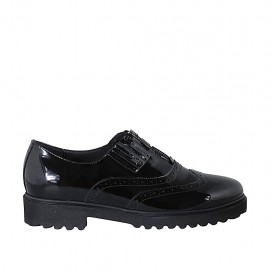 Zapato con cremallera, punta de ala y elasticos para mujer en charol negro tacon 3 - Tallas disponibles:  42, 43, 44