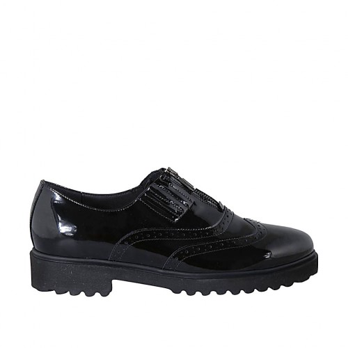 Zapato con cremallera, punta de ala y elasticos para mujer en charol negro tacon 3 - Tallas disponibles:  42, 43, 44