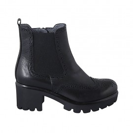Bottines avec elastiques et bout Brogue pour femmes en cuir noir talon 5 - Pointures disponibles:  32, 33, 34, 43, 44, 45