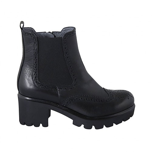 Bottines avec elastiques et bout Brogue pour femmes en cuir noir talon 5 - Pointures disponibles:  32, 33, 34, 43, 44, 45