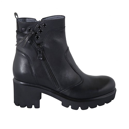Botin para mujer con cremalleras en piel negra tacon 5 - Tallas disponibles:  34, 43, 44, 45, 46