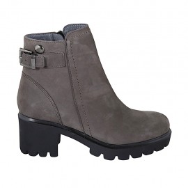 Botines para mujer con hebilla y cremallera en cuir nubuk gris pardo tacon 5 - Tallas disponibles:  32, 42, 43, 44, 45, 46