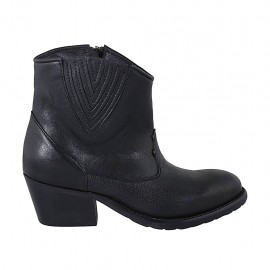Woman's Texan ankle boot with zipper and elastic band in black leather heel 5