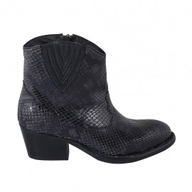 Woman's Texan ankle boot with zipper and elastic band in black and grey printed leather heel 5 - Available sizes:  32, 33, 34, 42, 43, 44, 45, 46