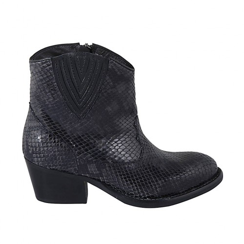 Bottine Texan pour femmes avec fermeture éclair et elastique en cuir imprimé noir et gris talon 5 - Pointures disponibles:  32, 33, 34, 42, 43, 44, 45, 46