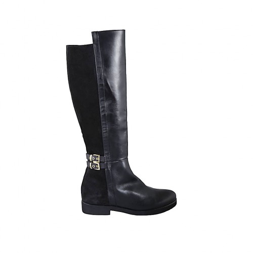 Hoher Damenstiefel mit Schnallen und Reissverschluss aus schwarzem Leder und Wildleder Absatz 3 - Verfügbare Größen:  42, 43, 44, 45, 46